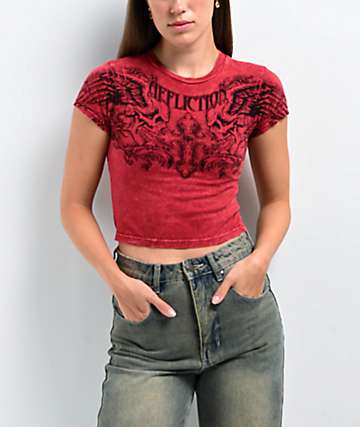 Affliction Winged Up Red Wash Crop T-Shirt - 