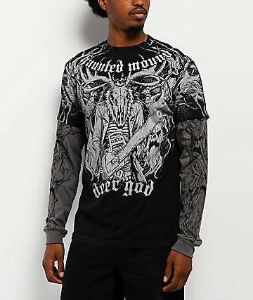 Affliction x Haunted Mound Deer God Black Wash & Grey 2Fer Long Sleeve T-Shirt - 