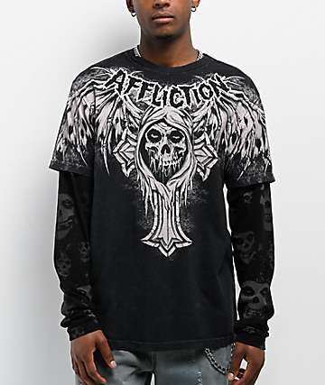 Affliction x Misfits Bat Black Wash 2fer Long Sleeve T-Shirt - 