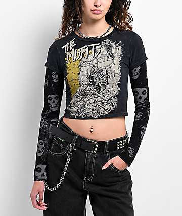 Affliction x Misfits Shackles Black Wash 2fer Long Sleeve Crop T-Shirt - 