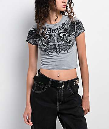 Affliction x Misfits Wings Grey Wash Crop T-Shirt - 