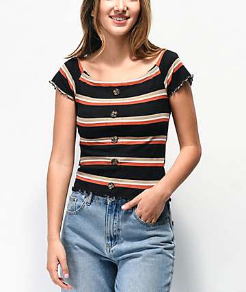 Almost Famous Lilli camiseta de rayas negras con escote Bardot