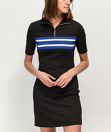 Almost Famous Navy Striped Black Short Sleeve Ribbed Sweater Dress