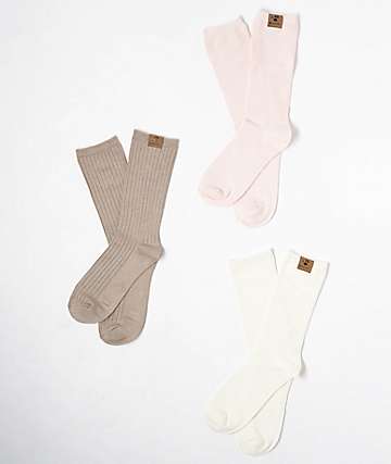 Bearpaw Pink, White, & Brown 3 Pack Midweight Bamboo Crew Socks - 