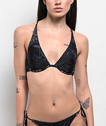 Broken Promises Chrome Web Black Underwire Bikini Top - 