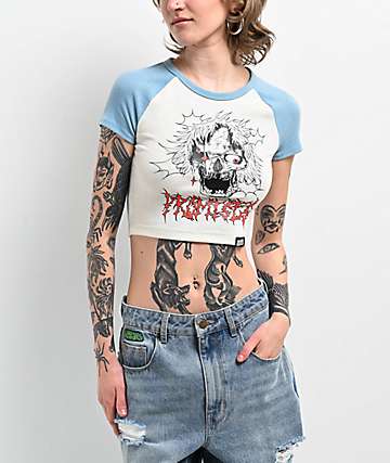 Broken Promises Manic Natural & Pastel Blue Raglan Crop T-Shirt - 