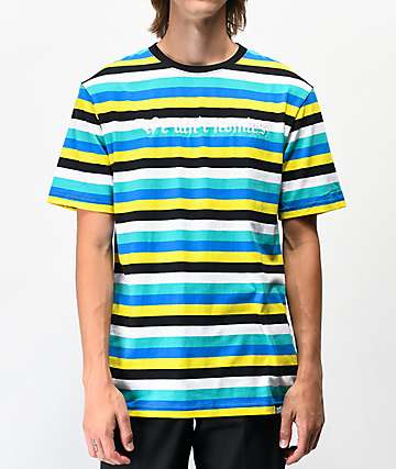 Broken Promises We Aint Homies camiseta de punto amarillo y verde azulado de rayas