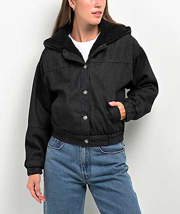 Cali 1850 Sherpa Lined Black Hooded Bomber Jacket -