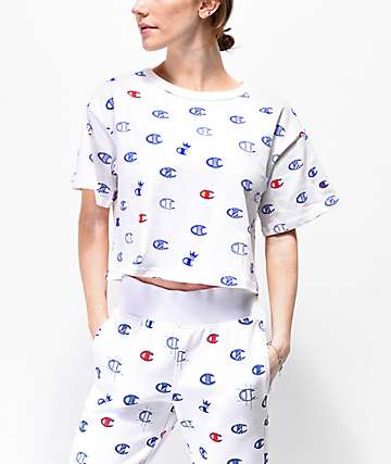 Champion Allover Print camiseta corta blanca, azul y roja