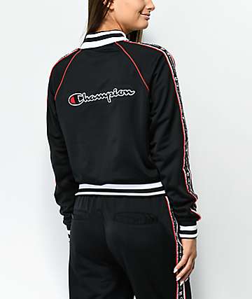 champion black and red taping track pants