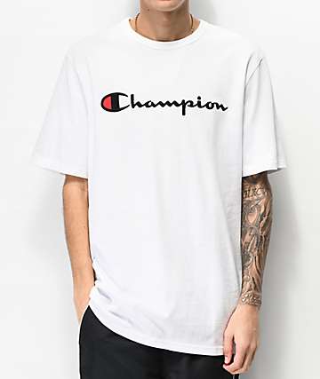 white champion shirt with blue letters 