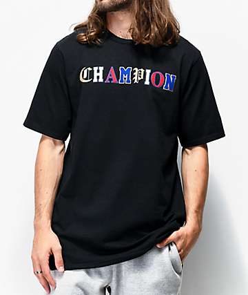 black champion shirt with gold writing 