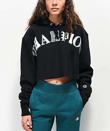 Champion Old English sudadera corta con capucha de tejido inverso negro