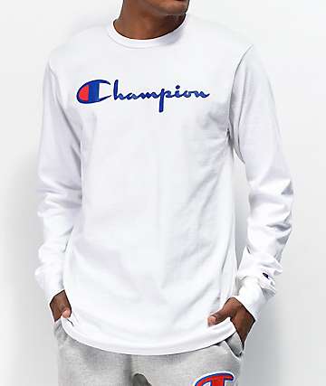 white champion shirt with blue letters