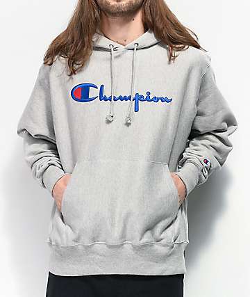 champion reverse weave logo hoodie sweatshirt light grey
