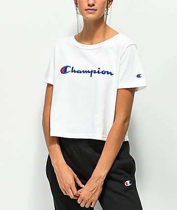 Champion Script White Crop T-Shirt | Zumiez