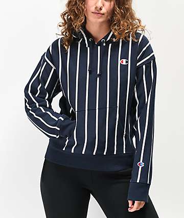 Champion sudadera con capucha azul marino de rayas de tejido inverso