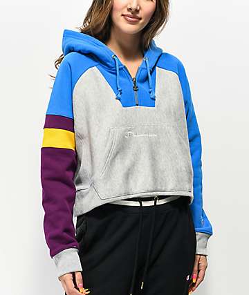 Champion sudadera con capucha con cremallera de tejido inverso azul, gris y morado
