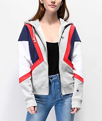 Champion sudadera con capucha de tejido inverso blanco, gris, rojo y azul