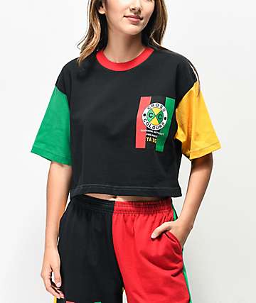 Cross Colours Flag Logo Black, Green & Yellow Color Block Crop T-Shirt