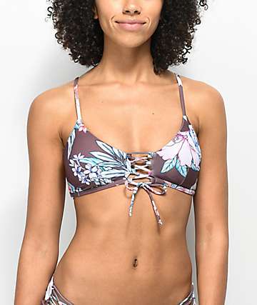 Damsel Waikiki top de bikini bandeau morado floral con cordones