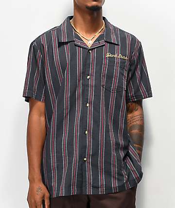 Dark Seas Striker Navy & Red Striped Woven Short Sleeve Button Up Shirt