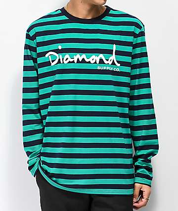 Diamond Supply Co. OG Script Turquoise & Navy Striped Long Sleeve T-Shirt