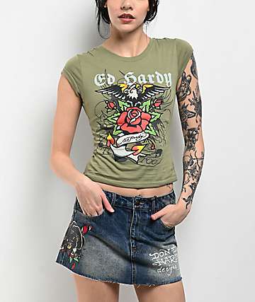 【Ed Hardy】Love Dagger アイボリー クロップ半袖Tシャツ チビT Ed Hardy Love Dagger Ivory T-Shirt | Zumiez