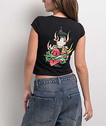 Ed Hardy BLACK ROSE Tシャツ Black Rose Rhinestone Cap Sleeve Tee