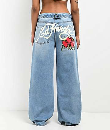 Ed Hardy Dragon Blue Wide Leg Denim Jeans | Zumiez