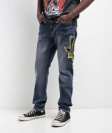 Ed Hardy Diamond Flower Power Blue Cap Sleeve Crop T-Shirt