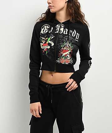 Ed Hardy Rose Skull Black Crop Zip Hoodie - 