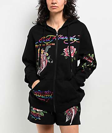 Ed Hardy Tiger Head Black Velour Crop Zip Hoodie | Zumiez