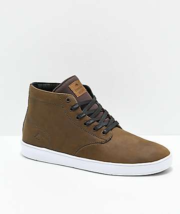 Emerica Romero Laced Brown & Bone White Leather Hi Top Skate Shoes