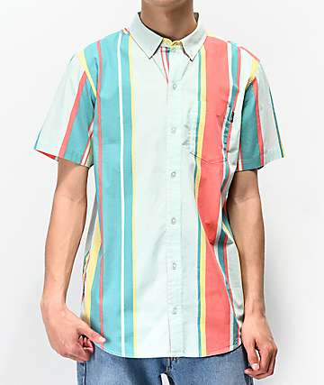 Empyre Drew Mint, Coral & Yellow Striped Short Sleeve Button Up Shirt