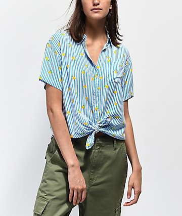 Empyre Hilo Lemon Blue & White Striped Short Sleeve Button Up Shirt