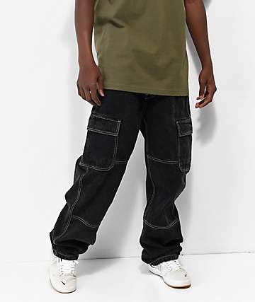 Empyre Loose Fit Black Denim Cargo Skate Jeans - 