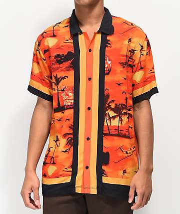 Empyre Outer Banks Orange & Black Woven Short Sleeve Button Up Shirt