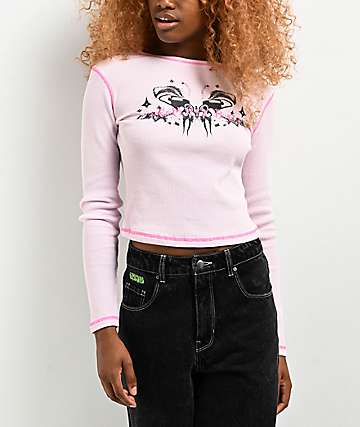 Empyre Thelma Butterfly Pink Crop Thermal Long Sleeve T-Shirt - 