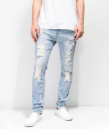 mens blue distressed skinny jeans