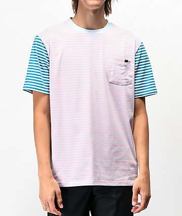 Enjoi Tight camiseta con bolsillo rosa y verde azulado de rayas