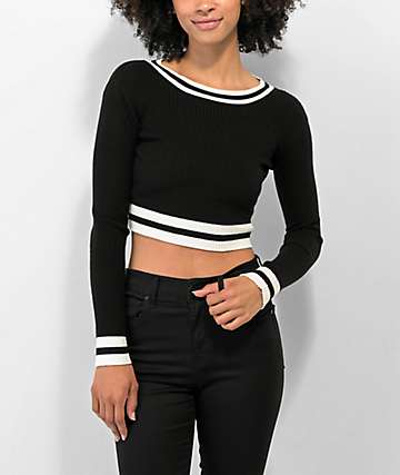 Black sweater with white stripes on sleeves hotsell