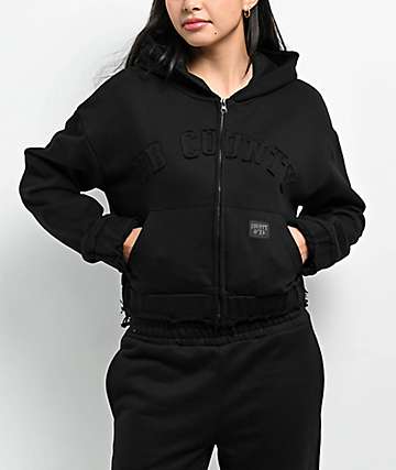 FB County French Terry Black Crop Zip Hoodie - 