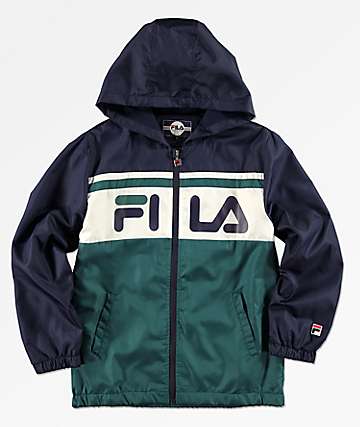 FILA Boys Green, Navy & White Colorblock Hooded Windbreaker Jacket