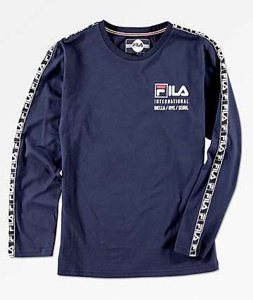FILA Boys International Logo Taping Navy Long Sleeve T-Shirt
