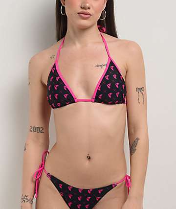 Famous Stars & Straps BOH Repeat Black & Pink Triangle Bikini Top -