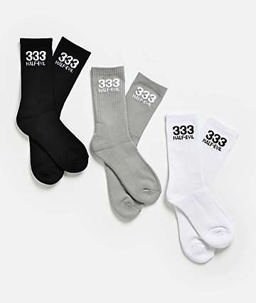 HALF EVIL 3 Pack Black, White & Grey Crew Socks - 
