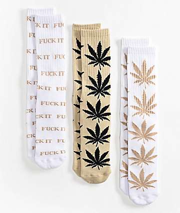 HUF Fuck It Plantlife White & Tan 3 Pack Crew Socks - 