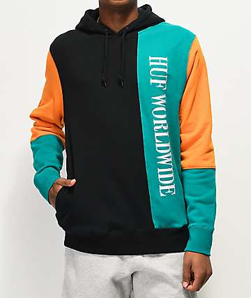 HUF Piet Blocked sudadera con capucha negra, naranja y verde azulado
