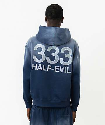 Half Evil Rhinestone Navy Wash Hoodie - 